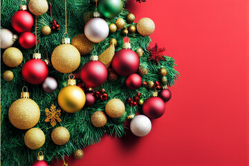 Fototapeta na wymiar Christmas background, ball red, white, yellow hanging near garland, New Year's holiday