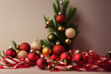 Christmas red, white, yellow ball. Christmas tree decorations, festive ball hanging, lying