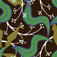 Nature seamless vector pattern with hand drawn twig, tree branch with leaves, tropical summer time. Ecological rural theme for poster print, wrapping paper, wallpaper, clothes textile, fabric design. © Berolina
