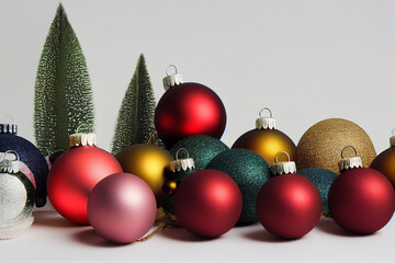 Christmas red, white, yellow, blue, green balls. New Year's tree decorations, festive ball lying
