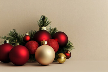 Christmas background, balls of red, white, yellow lying near New Year's holiday
