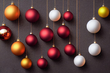 Christmas background, balls of red, white, yellow are hanging near, Christmas holiday