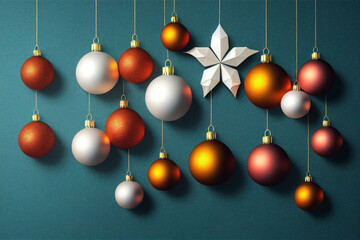 Christmas balls red, white, yellow balls. New Year's holiday decorations, festive ball hanging