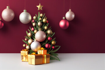 Christmas background red white yellow ball presents hanging near tree decorations New Year's holiday