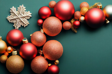 Christmas background, red, white, yellow ball lying beside, snowflake, New Year's holiday