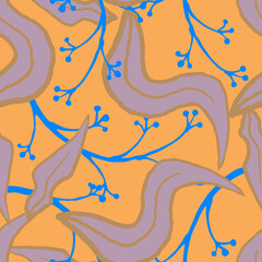 Nature seamless vector pattern with hand drawn twig, tree branch with leaves, tropical summer time. Ecological rural theme for poster print, wrapping paper, wallpaper, clothes textile, fabric design. © Berolina