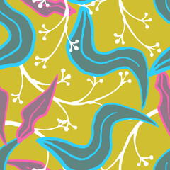 Nature seamless vector pattern with hand drawn twig, tree branch with leaves, tropical summer time. Ecological rural theme for poster print, wrapping paper, wallpaper, clothes textile, fabric design.