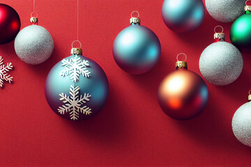 Obraz premium Christmas background, ball hanging red, yellow, blue, green near, snowflake, New Year's holiday