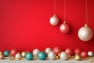 Merry Christmas ball red, yellow, blue, green balls hanging, lying. ball for your party