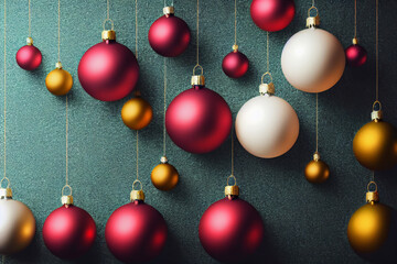 Realistic red, white, yellow ball. Christmas balls hanging
