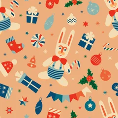 Meubelstickers Retro vintage Christmas pattern with Rabbits and Christmas decorations © Tatyana Olina