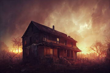 Concept art illustration of abandoned haunted house