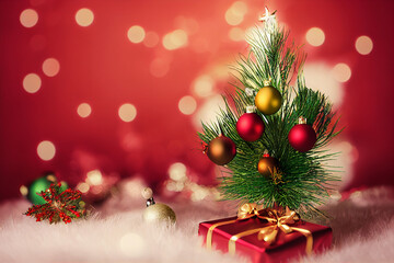 Christmas ball, presents red, yellow hanging. Christmas tree