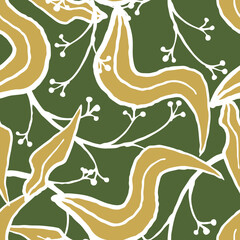 Nature seamless vector pattern with hand drawn twig, tree branch with leaves, tropical summer time. Ecological rural theme for poster print, wrapping paper, wallpaper, clothes textile, fabric design.