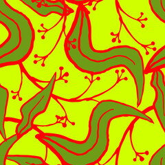Nature seamless vector pattern with hand drawn twig, tree branch with leaves, tropical summer time. Ecological rural theme for poster print, wrapping paper, wallpaper, clothes textile, fabric design. © Berolina