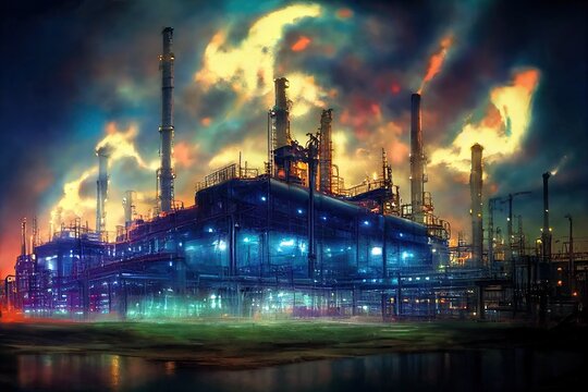 A brightly lit chemicals factory at night, with colourful neon lights. Pipelines and smokestacks with rising smoke, symbolizing pollution and rising gas prices. 3D digital painting.