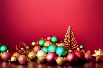 Christmas background red white yellow balls lying beside the Christmas tree New Year's decorations
