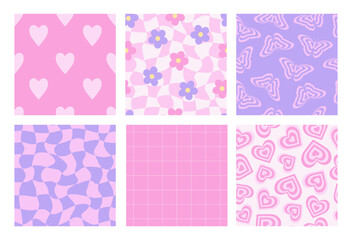 Y2k seamless patterns with butterfly, daisy, chess, mesh, heart. Set of vector backgrounds in trendy retro trippy 2000s style. Lilac, pink color. Funny girly cute texture.