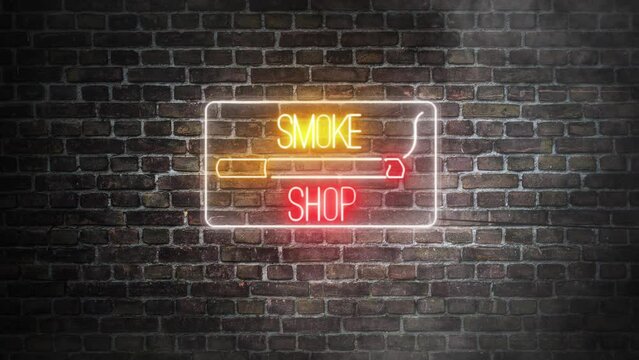 Smoke shop neon real signboard on bricks wall background. Cigarrete on a neon signboard for smoke shop with yellow and red neon colors. 