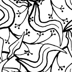Nature seamless vector pattern with hand drawn twig, tree branch with leaves, tropical summer time. Ecological rural theme for poster print, wrapping paper, wallpaper, clothes textile, fabric design. © Berolina