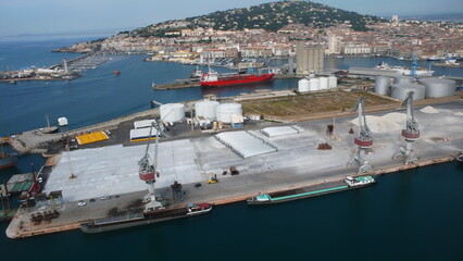 Sète port of Sète Hérault commercial port boats docks cargo ships port and Mediterranean port infrastructure Occitanie Artenseo France
