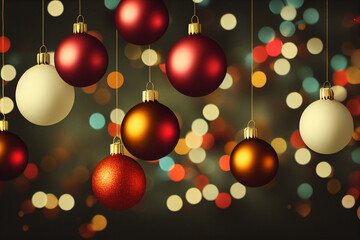 Christmas backdrop, ball red, white, yellow hanging near, decorations. New Year's holiday