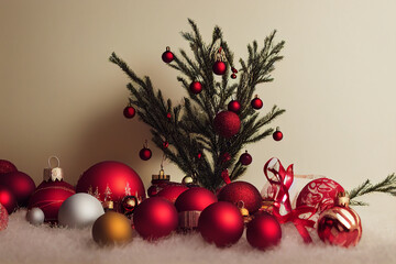 Christmas balls red, white, yellow hanging, lying. Christmas tree