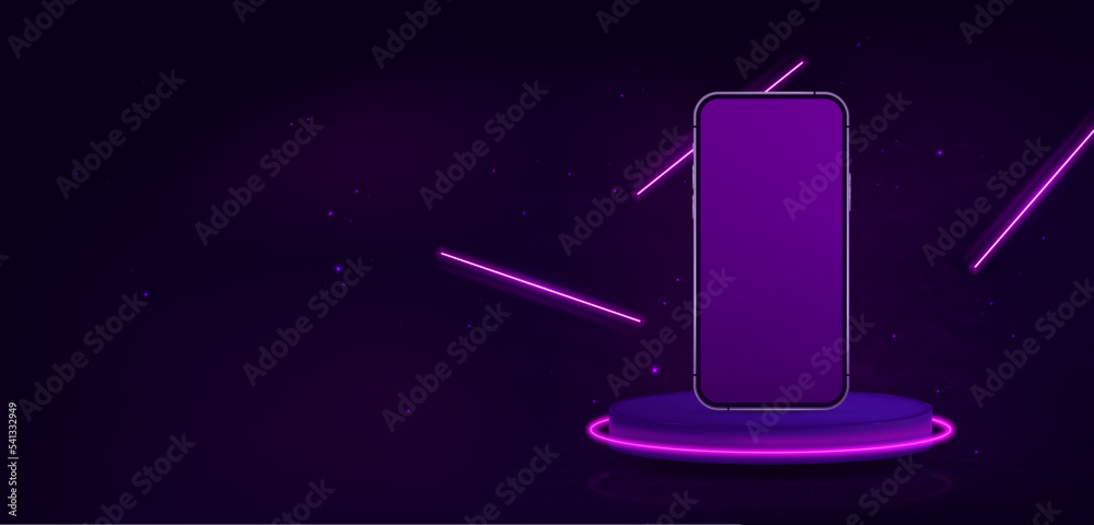 Poster purple neon background with 3d realistic smartphone in podium, front view. 3d mobile phone with neon