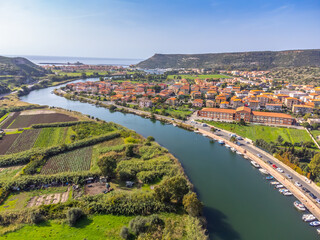 Aerial view of Temo river in Bosa on a sunny day