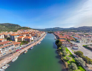 Aerial view of Bosa under a blue sky