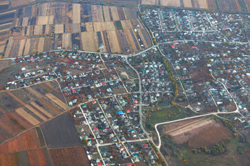 Rural settlement view from above . Flight over village 