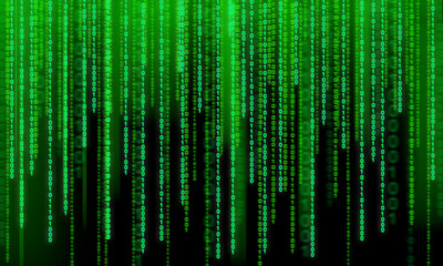 Neon binary code flowing on a black background. Digitally generated image on a computer. Virtual reality, data, coding. High quality illustration