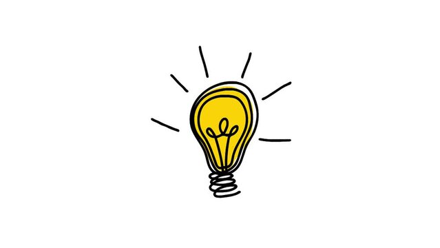 Glowing electric light bulb. Idea symbol. The birth of an idea. Drawn 2D animation. Looped. Concept. White background. Design element.