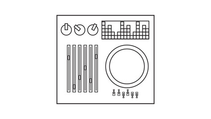 Old retro vintage audio music equipment vinyl dj board with sliders and cranks and buttons from the 70s, 80s, 90s. Black and white icon. Vector illustration