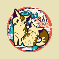 cat illustration with japanese style for kaijune event, notebook, logo