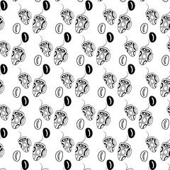 Endless black and white pattern with coffee beans and abstract stylized cup. Backdrop. Isolate. EPS