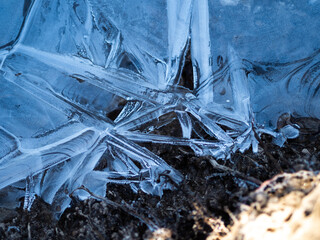 Texture of ice - close-up of ice texture in shades of blue, soft light
