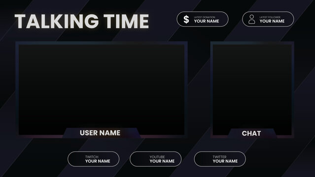 Twitch Overlay Face Cam, Web Camera with chat for streaming broadcast.  Gradient design. Gaming face cam with chat window. Streaming offline  screen. Overlay background twitch Stock Illustration