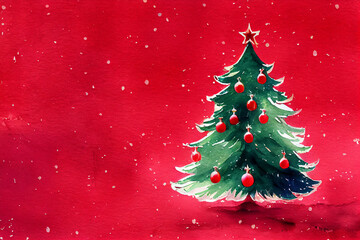 Watercolor Christmas tree. Red decorative background. New year