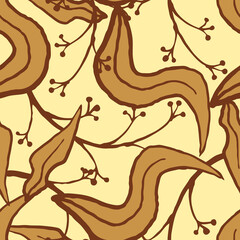 Nature seamless pattern with hand drawn twig, tree branch with leaves, tropical forest, summer time. Ecological rural theme for poster print, wrapping paper, wallpaper, clothes textile, fabric design.