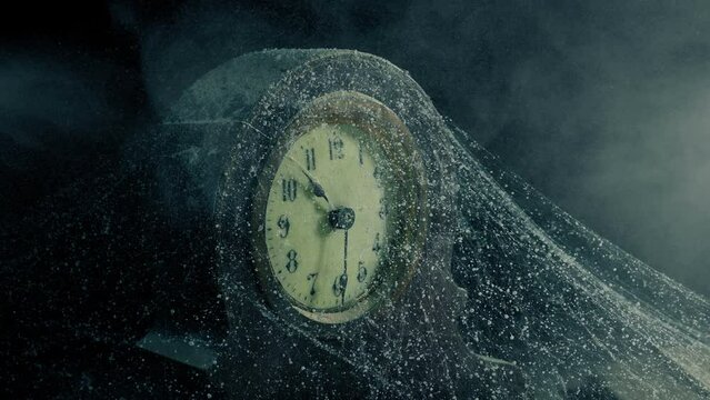 Dust Swirls Over Cobweb Covered Clock