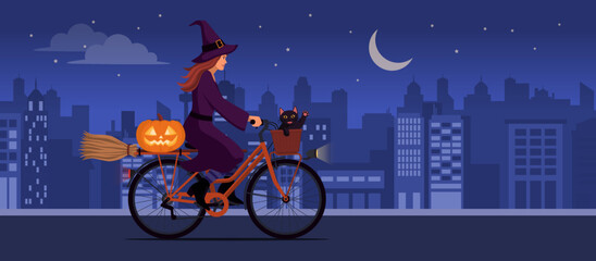 Naklejka premium Cute witch riding a bicycle in the city street
