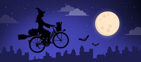 Scary witch riding a bicycle and flying