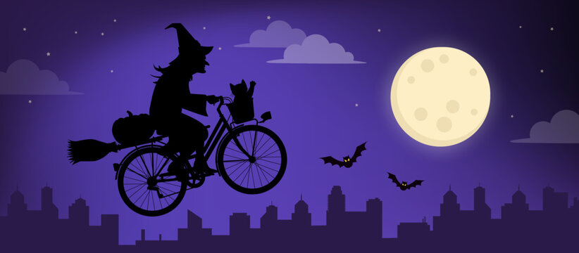 Scary witch riding a bicycle and flying