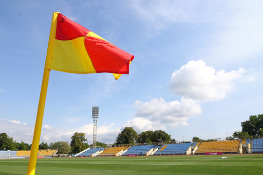 Corner flag seen on Avanhard Stadium football venue in Uzhhorod, Ukraine. Capacity 12000 seats for spectators
