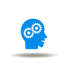 Vector illustration of head with gears mechanism in brain. Icon of soft and hard skills. Symbol of mind, thinking.