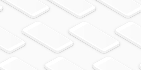 Clean white isometric smartphones. Realistic empty screen phones seamless pattern. Empty screen phone template for inserting UI interface or business presentation. Soft 3d vector design