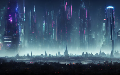 Futuristic night time cyberpunk city skyline cityscape. 3D illustration