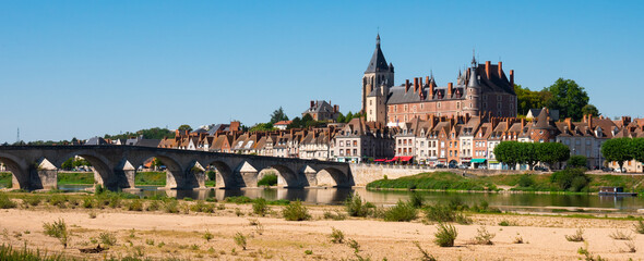 View of Gien cityscape on bank of Loire with row of townhouses along embankment, medieval...