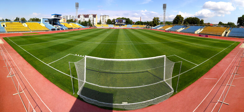 Panoramic view of Avanhard Stadium in Uzhhorod, Ukraine. Capacity 12000 spectators